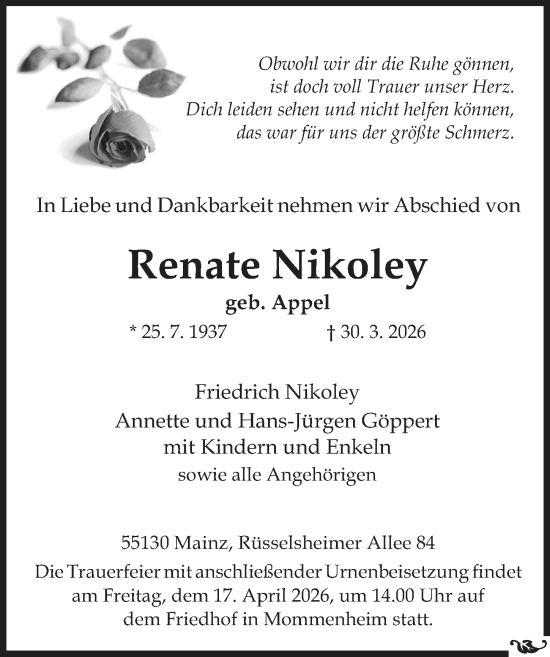 Traueranzeige von Renate Nikoley von Allgemeine Zeitung Mainz