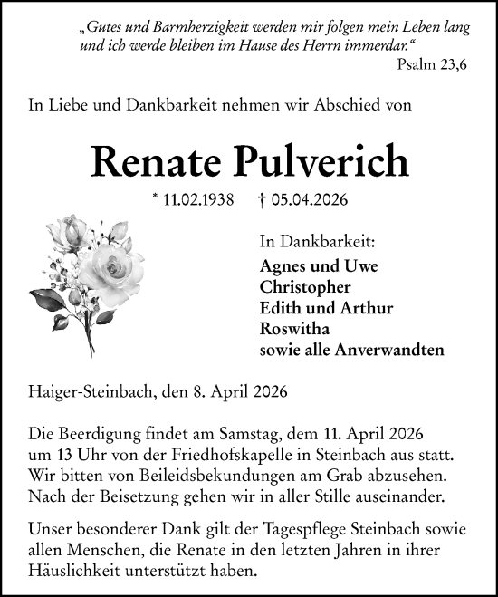 Traueranzeige von Renate Pulverich von Dill Block