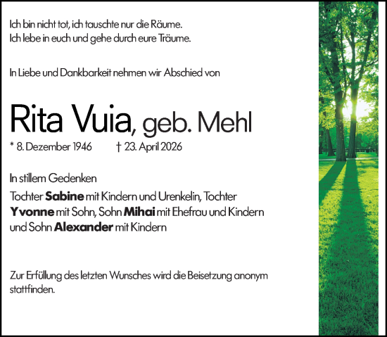 Traueranzeige von Rita Vuia von Wetzlarer Neue Zeitung