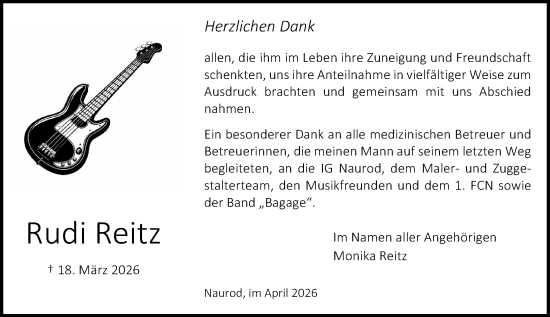 Traueranzeige von Rudi Reitz von Wiesbadener Kurier