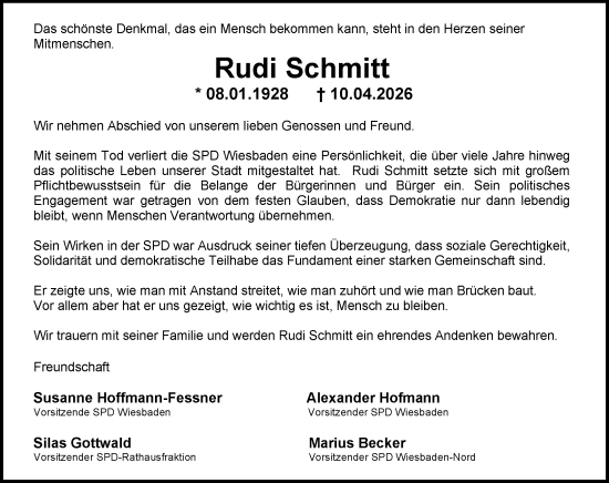 Traueranzeige von Rudi Schmitt von Wiesbadener Kurier