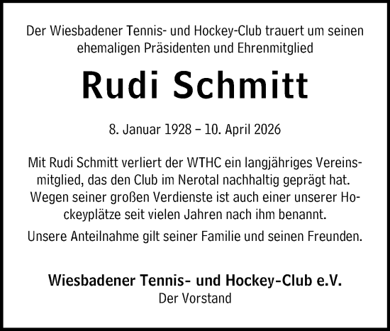 Traueranzeige von Rudi Schmitt von Wiesbadener Kurier