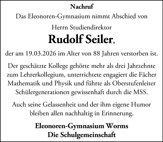 Traueranzeige von Rudolf Seiler von Wormser Zeitung