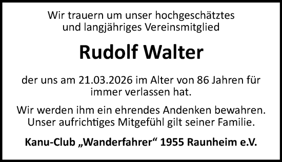 Traueranzeige von Rudolf Walter von Rüsselsheimer Echo