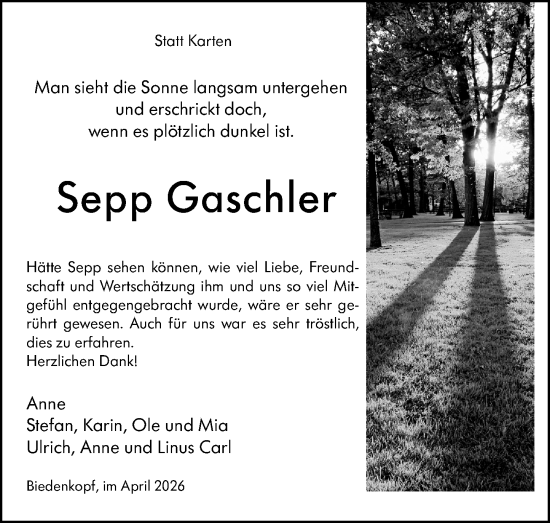 Traueranzeige von Sepp Gaschler von Hinterländer Anzeiger