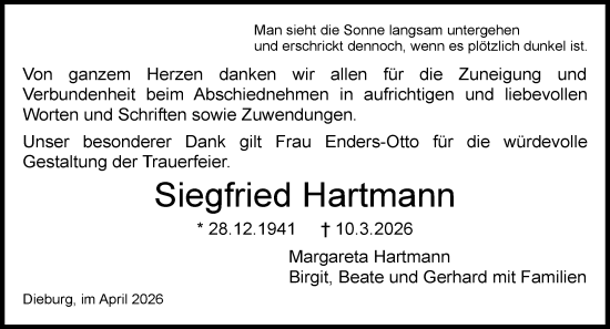 Traueranzeige von Siegfried Hartmann von Dieburger Anzeiger/Groß-Zimmerner Lokal-Anzeiger