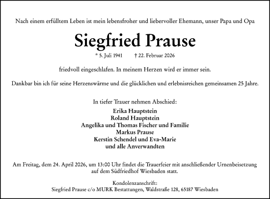 Traueranzeige von Siegfried Prause von Wiesbadener Kurier