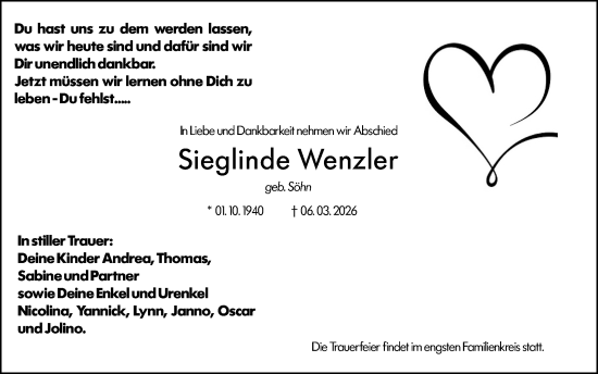 Traueranzeige von Sieglinde Wenzler von Wiesbadener Kurier