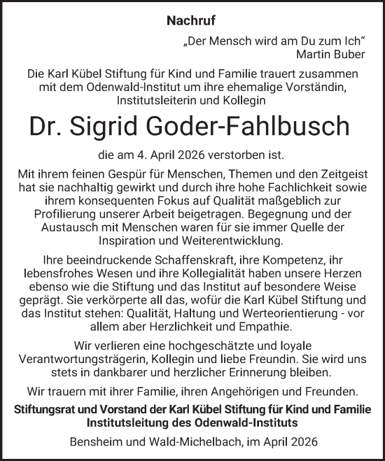 Traueranzeige von Sigrid Goder-Fahlbusch von Darmstädter Echo