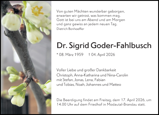 Traueranzeige von Sigrid Goder-Fahlbusch von Darmstädter Echo