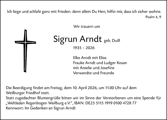 Traueranzeige von Sigrun Arndt von Weilburger Tageblatt
