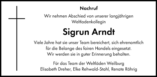 Traueranzeige von Sigrun Arndt von Weilburger Tageblatt