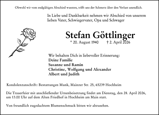 Traueranzeige von Stefan Göttlinger von Hochheimer Zeitung
