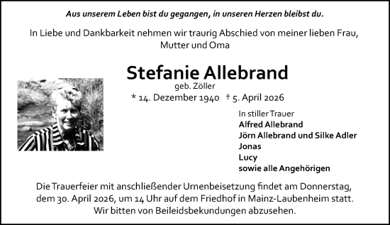 Traueranzeige von Stefanie Allebrand von Allgemeine Zeitung Mainz