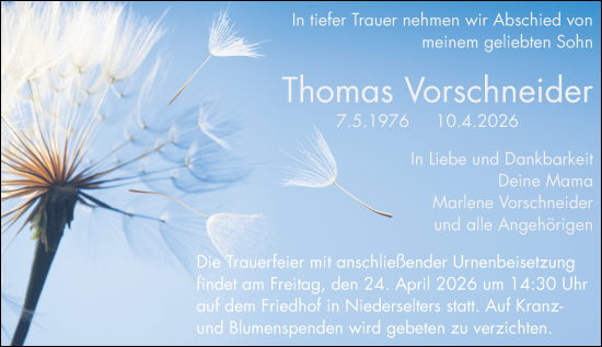 Traueranzeige von Thomas Vorschneider von Camberger Anzeiger