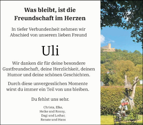 Traueranzeige von Uli  von Hinterländer Anzeiger