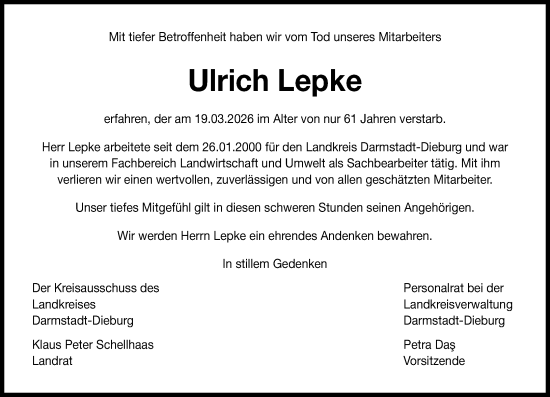 Traueranzeige von Ulrich Lepke von Darmstädter Echo