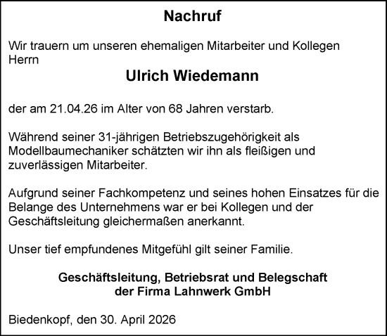 Traueranzeige von Ulrich Wiedemann von Hinterländer Anzeiger