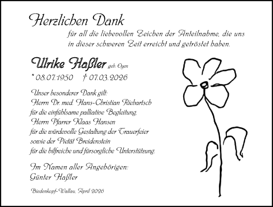 Traueranzeige von Ulrike Haßler von Hinterländer Anzeiger