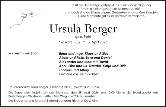 Traueranzeige von Ursula Berger von Wiesbadener Kurier