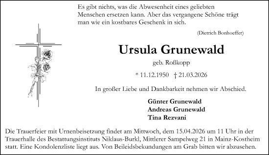 Traueranzeige von Ursula Grunewald von Allgemeine Zeitung Mainz