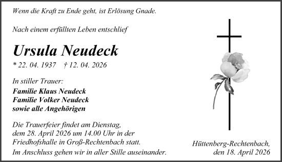 Traueranzeige von Ursula Neudeck von Wetzlarer Neue Zeitung