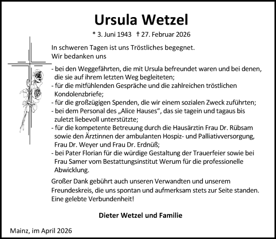 Traueranzeige von Ursula Wetzel von Allgemeine Zeitung Mainz