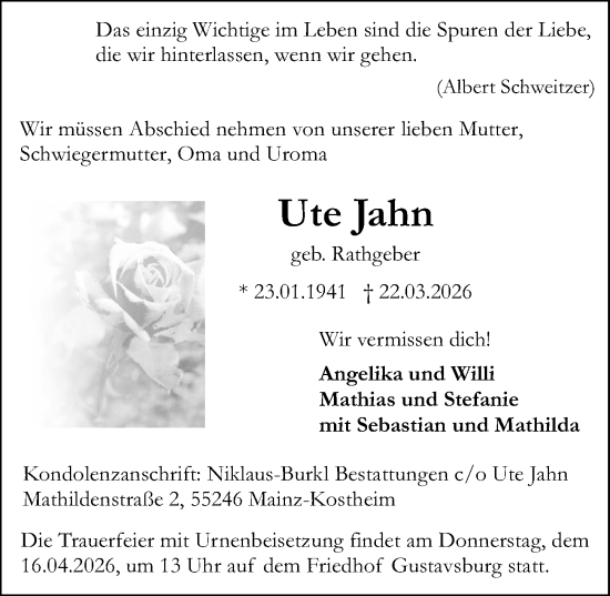Traueranzeige von Ute Jahn von Allgemeine Zeitung Mainz
