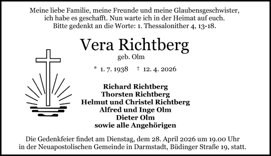 Traueranzeige von Vera Richtberg von Darmstädter Echo