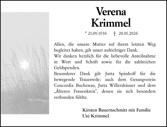 Traueranzeige von Verena Krimmel von Hinterländer Anzeiger
