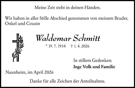 Traueranzeige von Waldemar Schmitt von Wetzlarer Neue Zeitung
