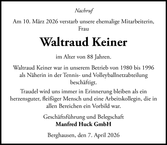 Traueranzeige von Waltraud Keiner von Wetzlarer Neue Zeitung