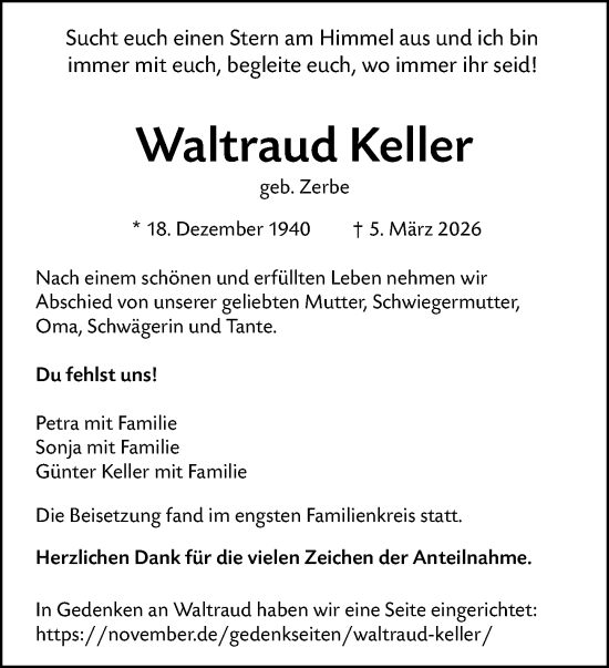 Traueranzeige von Waltraud Keller von Wiesbadener Kurier