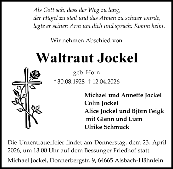Traueranzeige von Waltraut Jockel von Darmstädter Echo