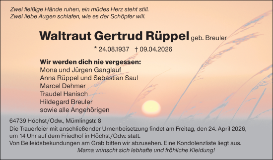 Traueranzeige von Waltraut Gertrud Rüppel von Odenwälder Echo