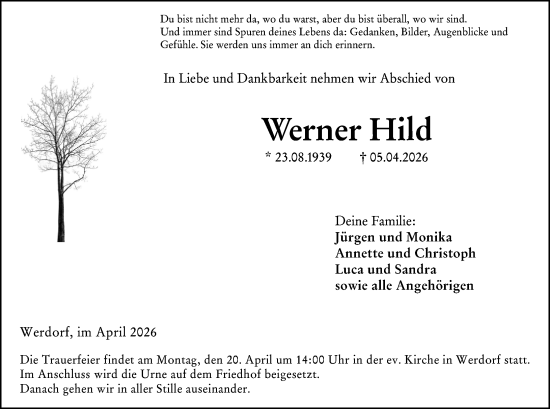 Traueranzeige von Werner Hild von Wetzlarer Neue Zeitung