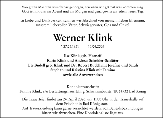 Traueranzeige von Werner Klink von Odenwälder Echo