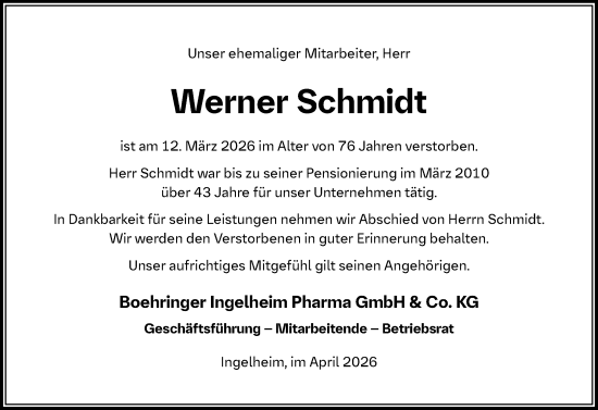 Traueranzeige von Werner Schmidt von Allgemeine Zeitung Rheinhessen-Nahe