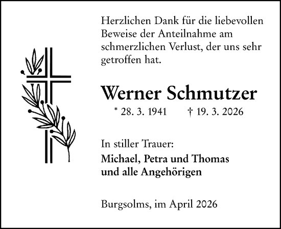 Traueranzeige von Werner Schmutzer von Wetzlarer Neue Zeitung