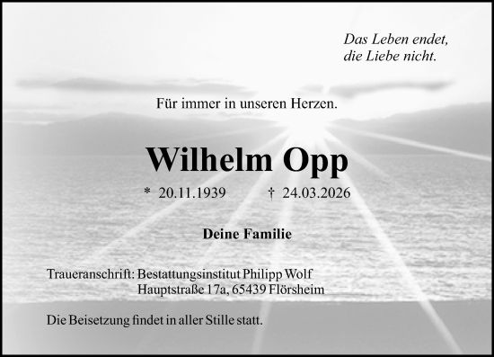Traueranzeige von Wilhelm Opp von Allgemeine Zeitung Mainz