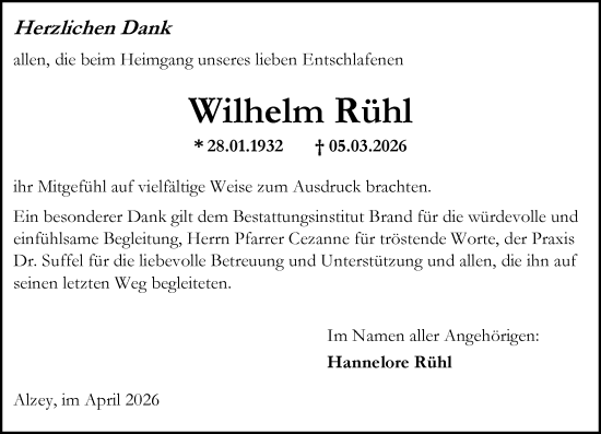 Traueranzeige von Wilhelm Rühl von Allgemeine Zeitung Alzey