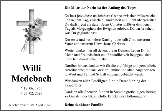 Traueranzeige von Willi Medebach von Wetzlarer Neue Zeitung