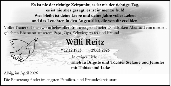 Traueranzeige von Willi Reitz von Allgemeine Zeitung Alzey
