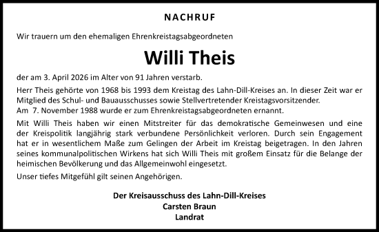Traueranzeige von Willi Theis von Dill Block