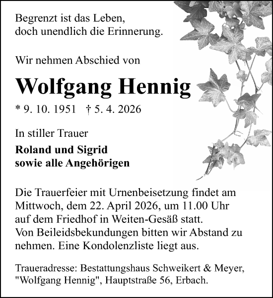 Traueranzeige von Wolfgang Hennig von Odenwälder Echo