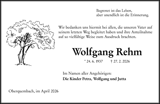 Traueranzeige von Wolfgang Rehm von Wetzlarer Neue Zeitung