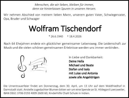 Traueranzeige von Wolfram Tischendorf von Darmstädter Echo