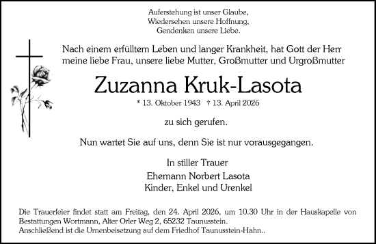 Traueranzeige von Zuzanna Kruk-Lasota von Wiesbadener Kurier