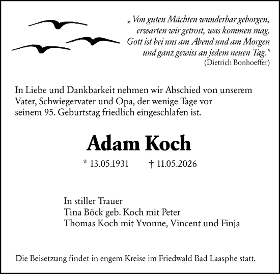 Traueranzeige von Adam Koch von Hinterländer Anzeiger