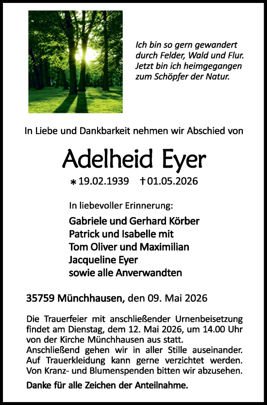 Traueranzeige von Adelheid Eyer von Dill Block
